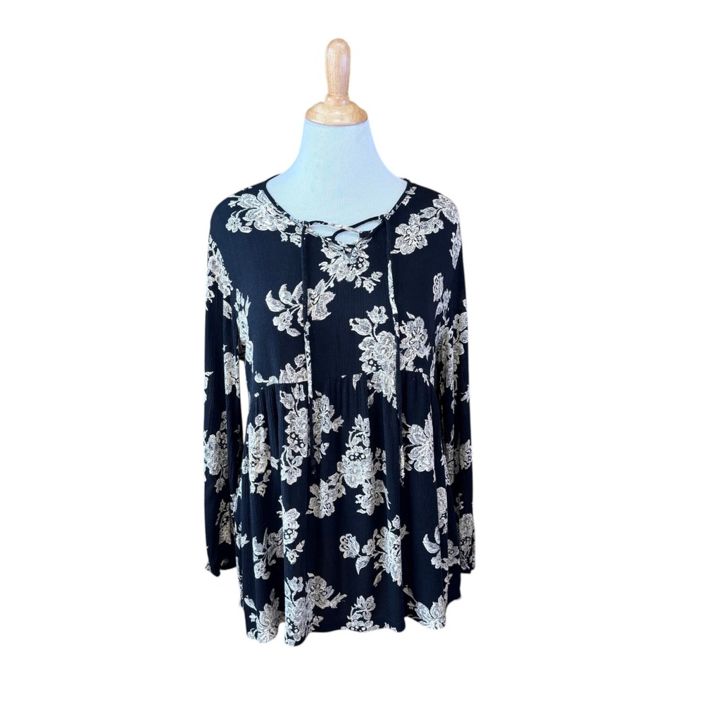 Indigo Soul Womens Large Black Cream Floral Boho Babydoll Lace Up Tunic Top Y2K